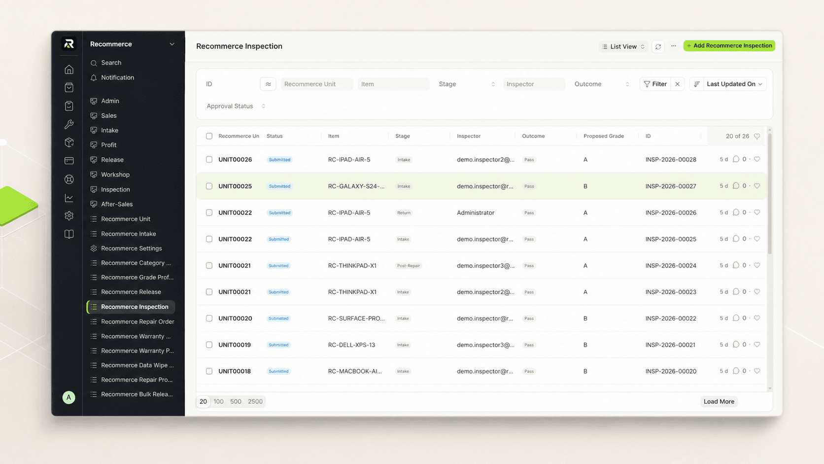 Recommerce inspection list with a consistent sidebar, filters and a sortable record list.